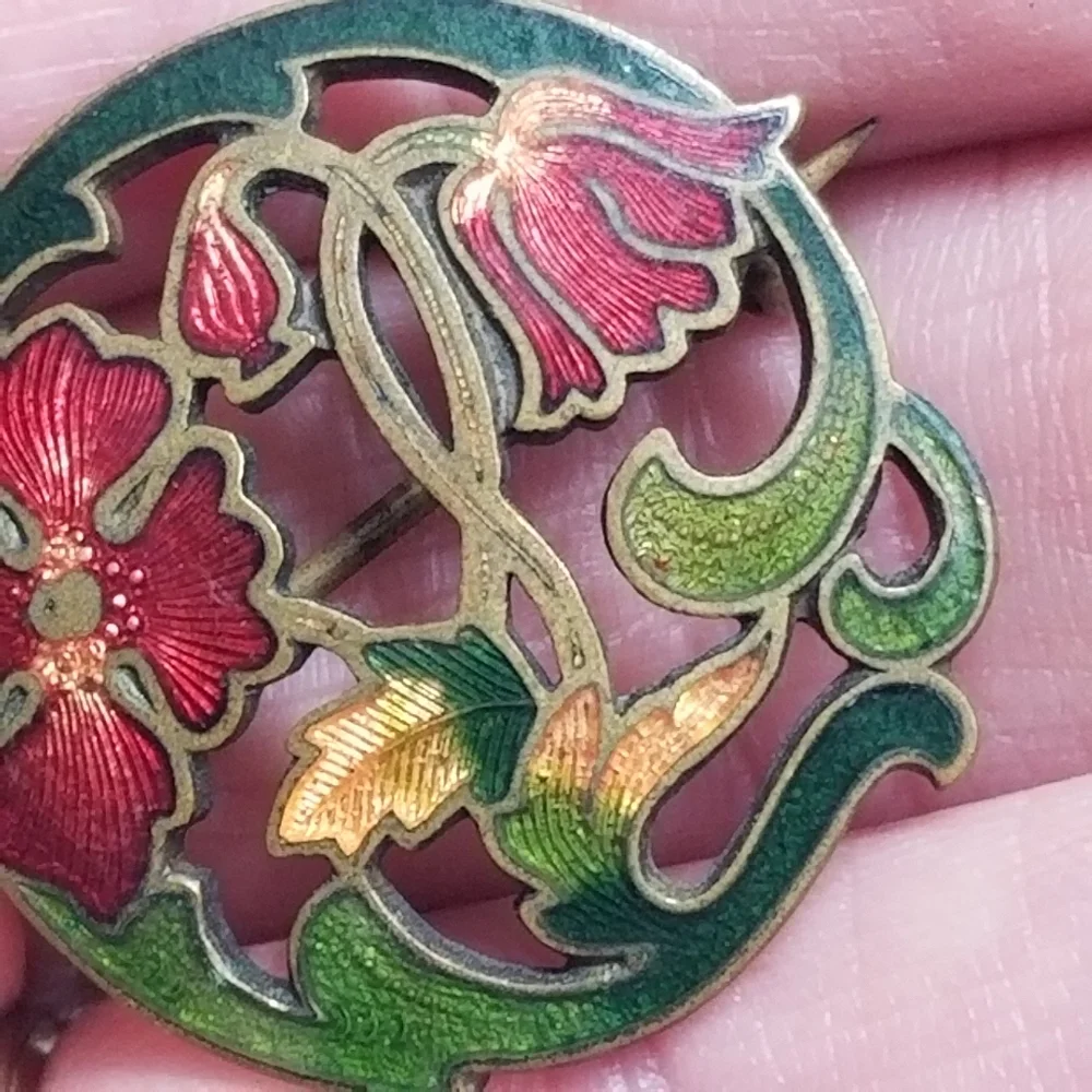 Antique brooch pin poppy flowers floral gold tone Victorian Edwardian red